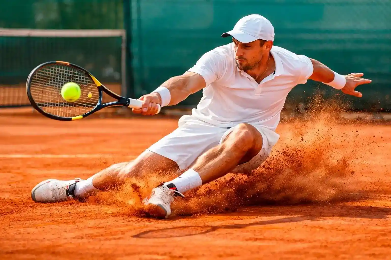 Tennisspieler auf einem roten Sandplatz bei einem Ballwechsel