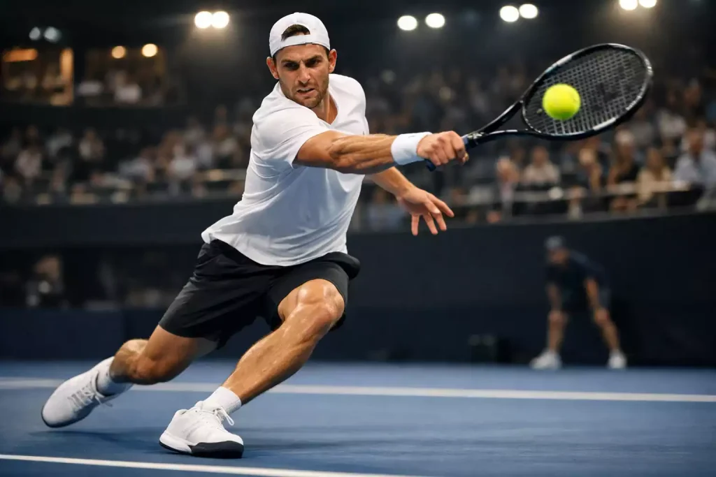 Weltklasse-Tennisspieler beim Aufschlag auf einem Masters-Turnier