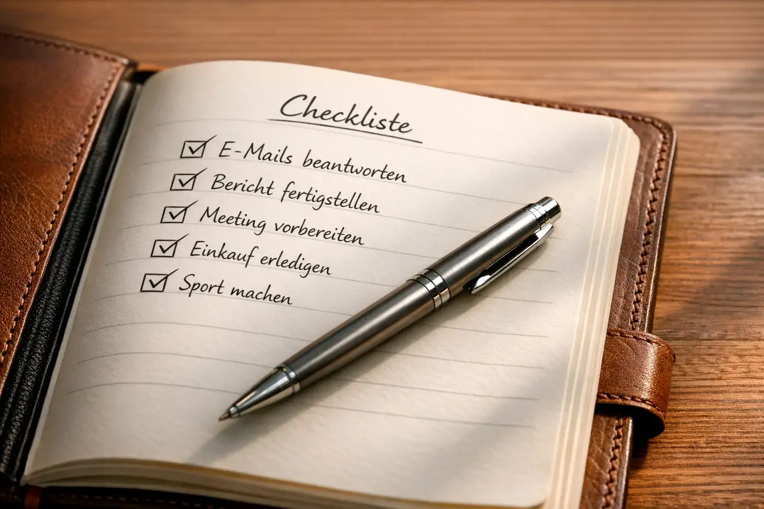 Geöffnetes Notizbuch mit handgeschriebener Checkliste und Stift