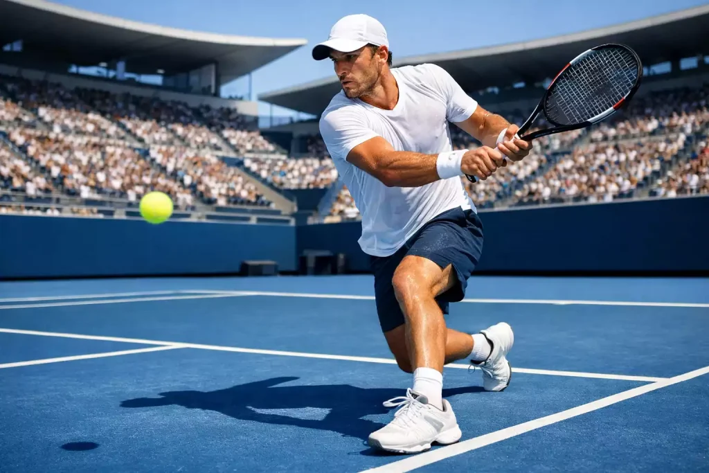 Tennisspieler auf dem blauen Hartplatz der Australian Open bei strahlendem Sonnenschein