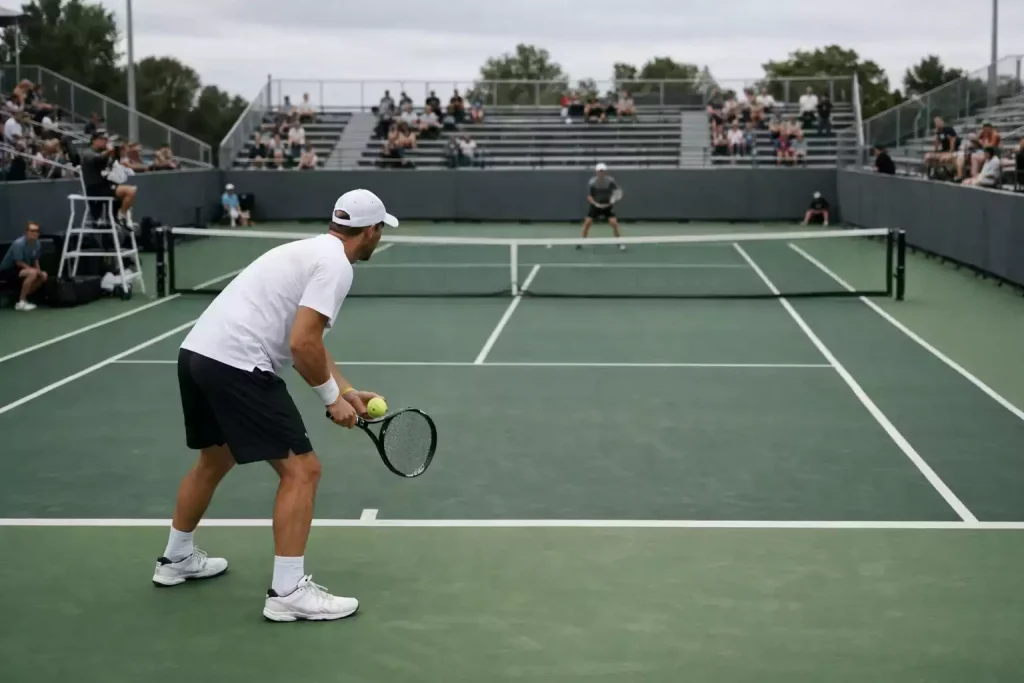 Tennismatch bei kleinem Challenger-Turnier mit Zuschauern