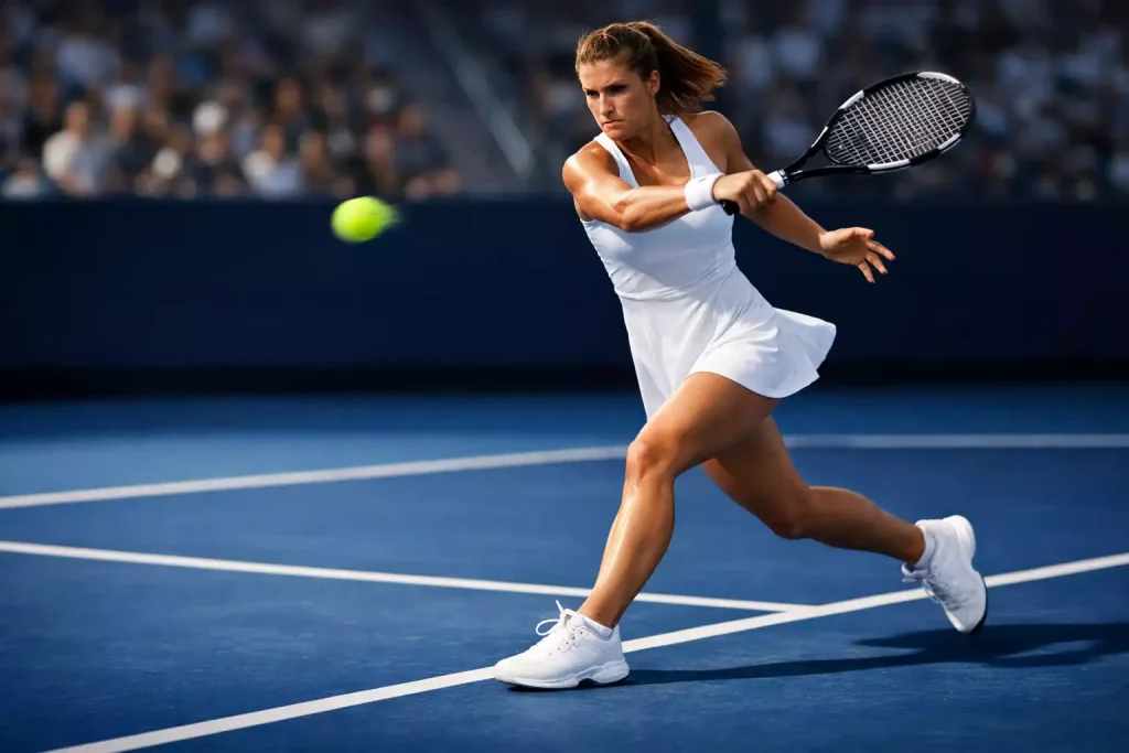 Tennisspielerin in Aktion auf blauem Hartplatz
