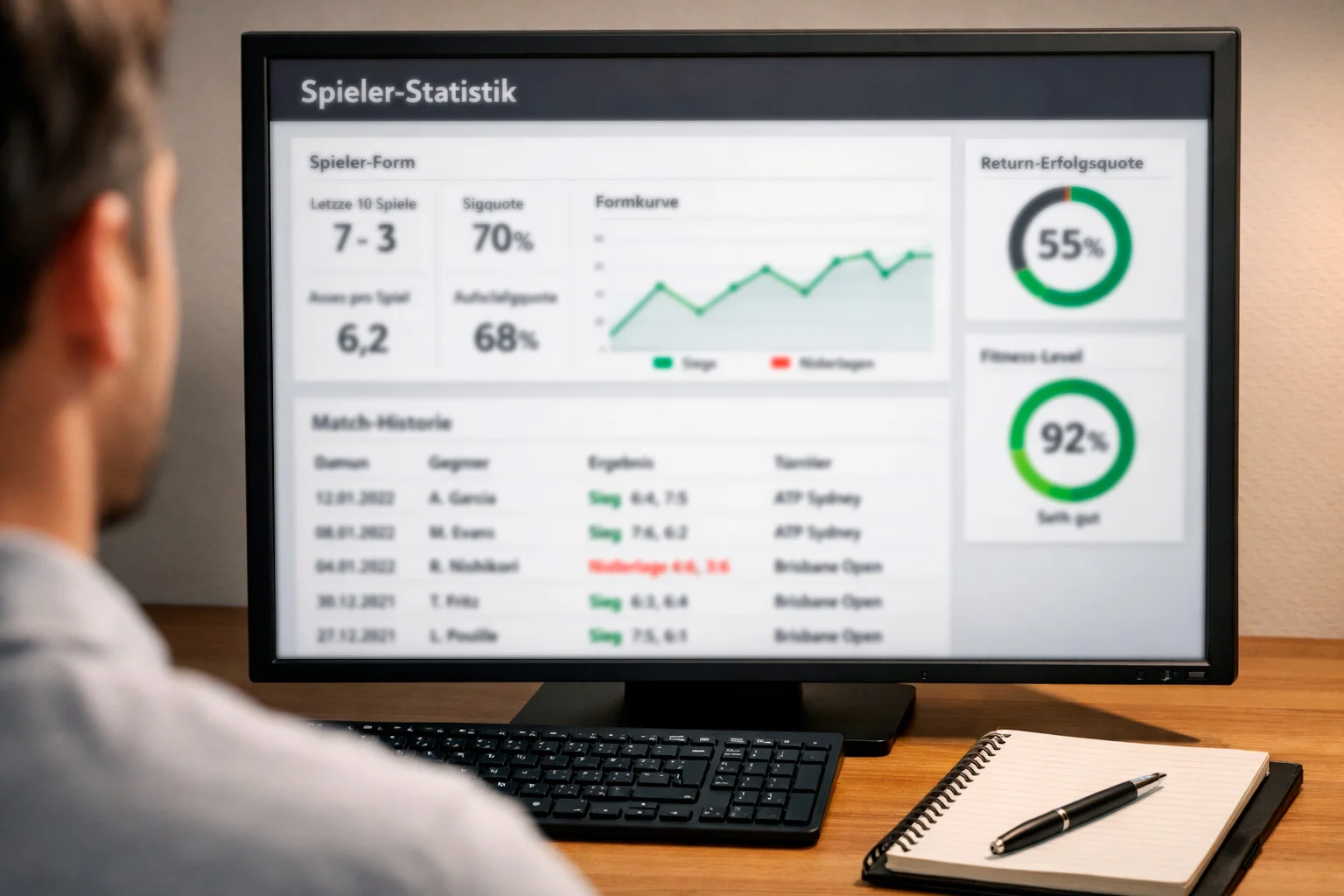 Computerbildschirm mit Tennisstatistiken und Spielerdaten