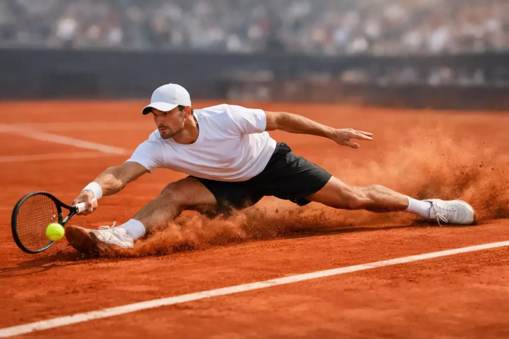 Tennisspieler gleitet auf dem roten Sandplatz von Roland Garros