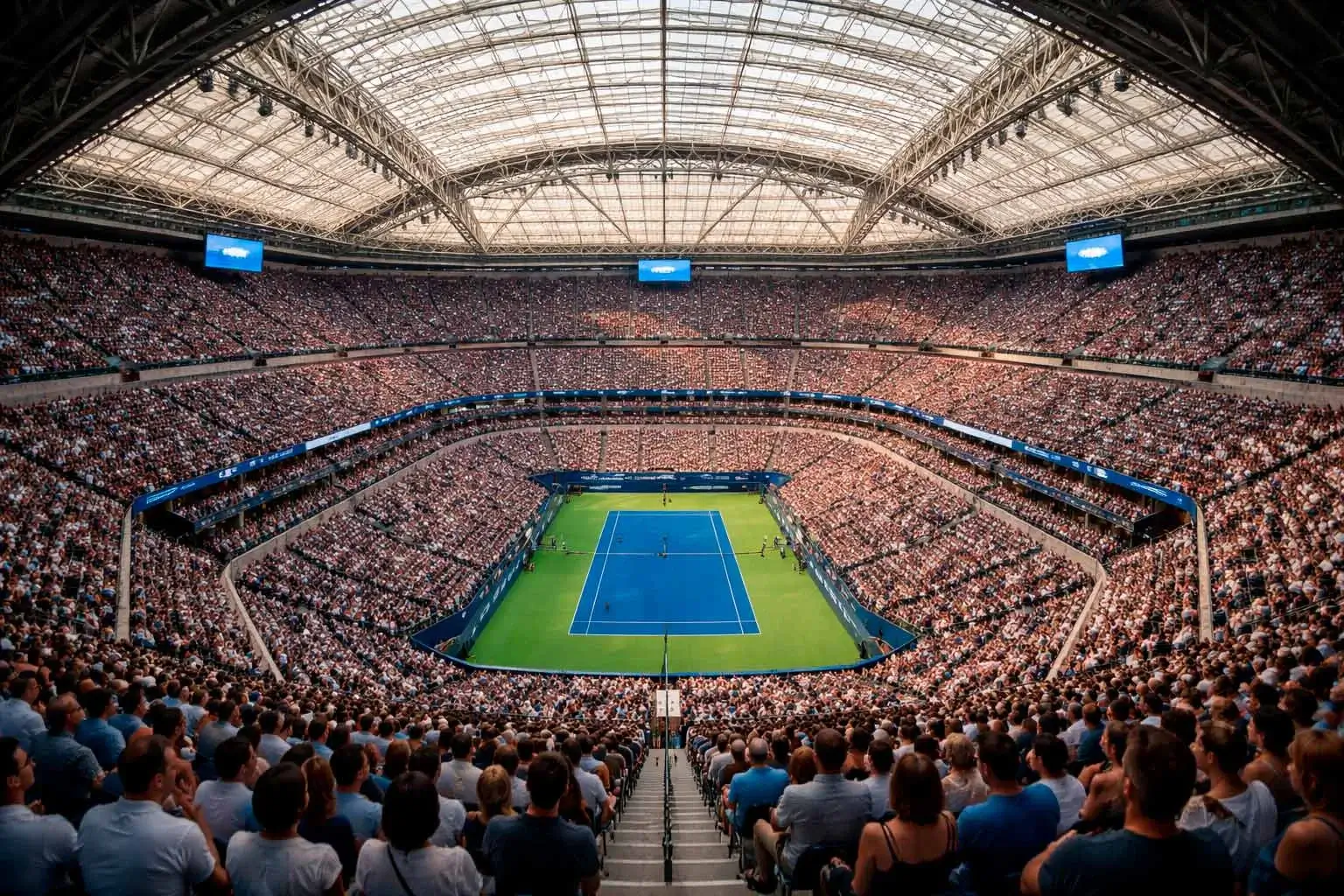 Volles Tennisstadion bei einem Grand-Slam-Turnier mit Blick auf den Centre Court