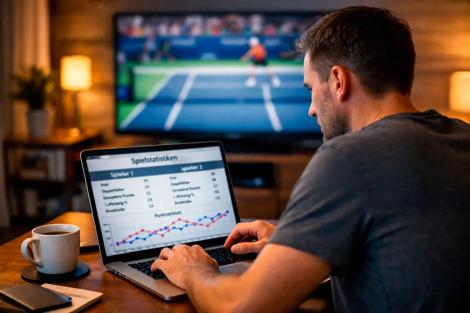 Person konzentriert sich auf einen Laptop und einen Fernseher mit Tennisübertragung