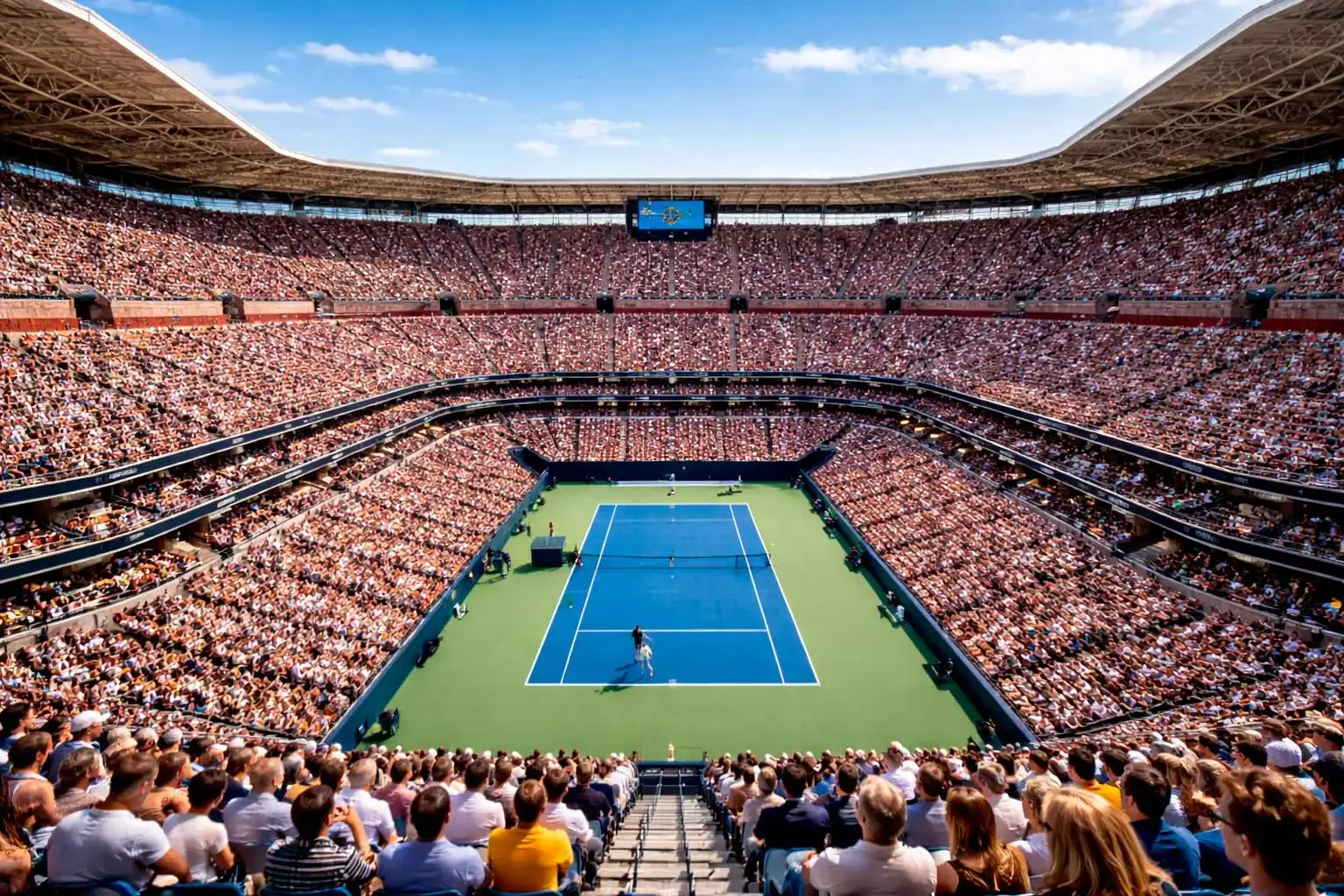 Vollbesetztes Grand-Slam-Tennisstadion während eines spannenden Matches