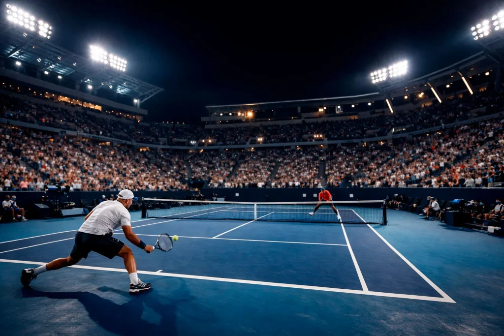 Spannendes Tennismatch in einem voll besetzten Stadion bei Nacht