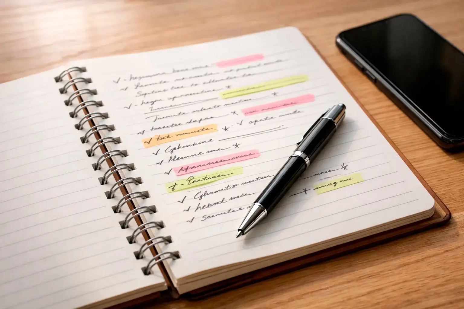 Notizbuch mit handgeschriebenen Notizen und Stift auf einem Schreibtisch