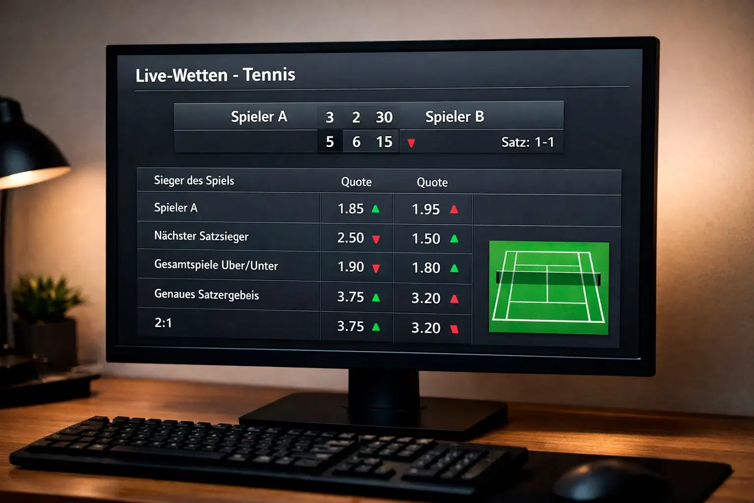 Bildschirm mit Wettquoten und Spielstand eines laufenden Tennismatches