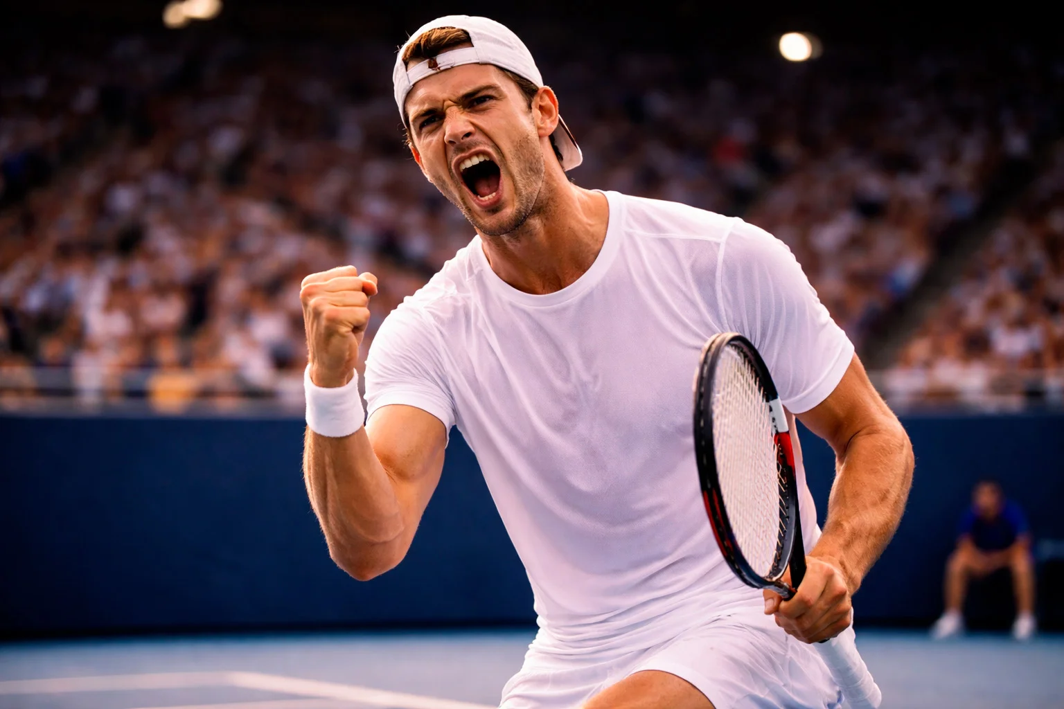 Tennisspieler feiert nach einem gewonnenen Break-Punkt auf dem Platz