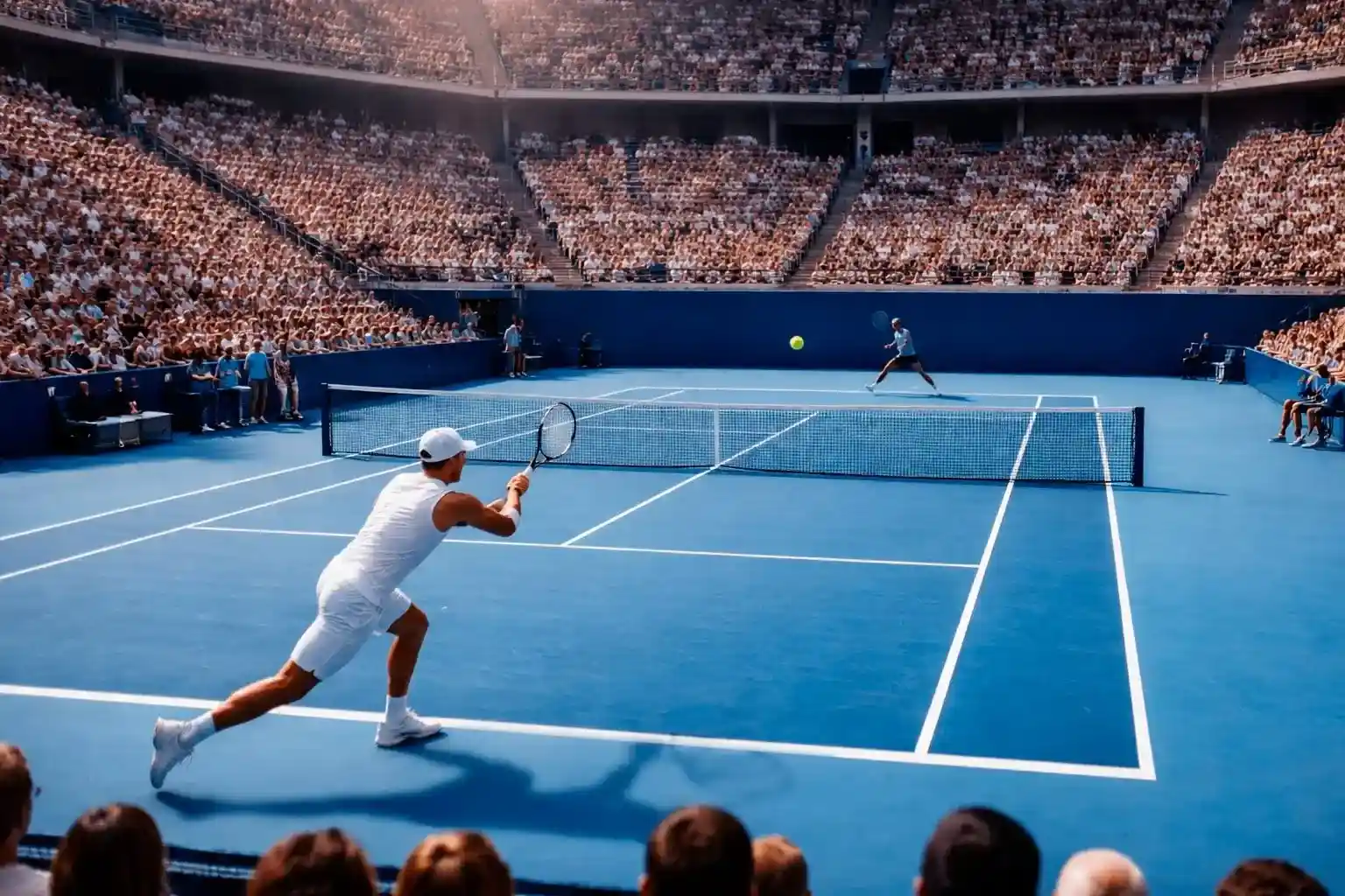 Tennismatch auf Hartplatz aus Zuschauerperspektive während eines spannenden Ballwechsels