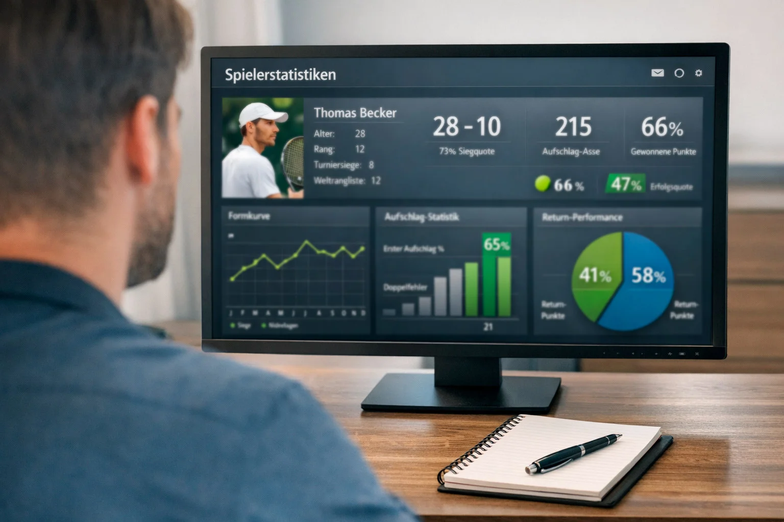 Desktop-Arbeitsplatz mit Tennisstatistiken auf dem Bildschirm und Notizblock