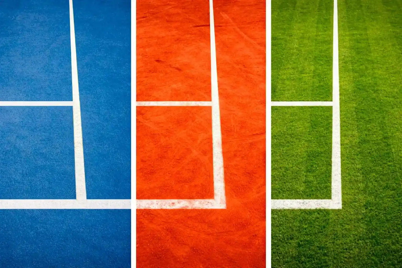 Dreigeteilte Ansicht von Tennisplätzen mit Hartplatz, rotem Sandplatz und grünem Rasenplatz