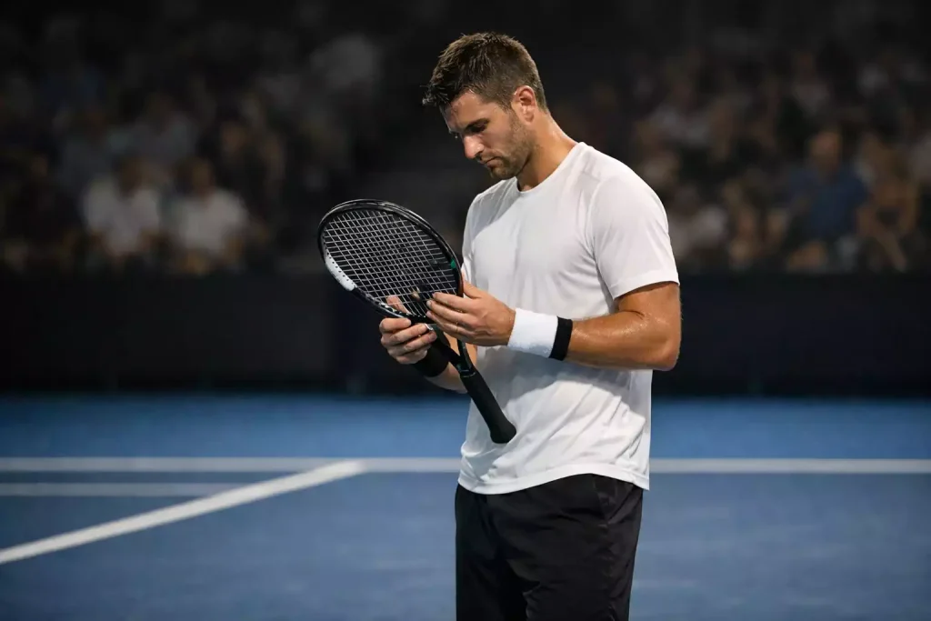 Tennisspieler wartet konzentriert auf den nächsten Aufschlag im Stadion