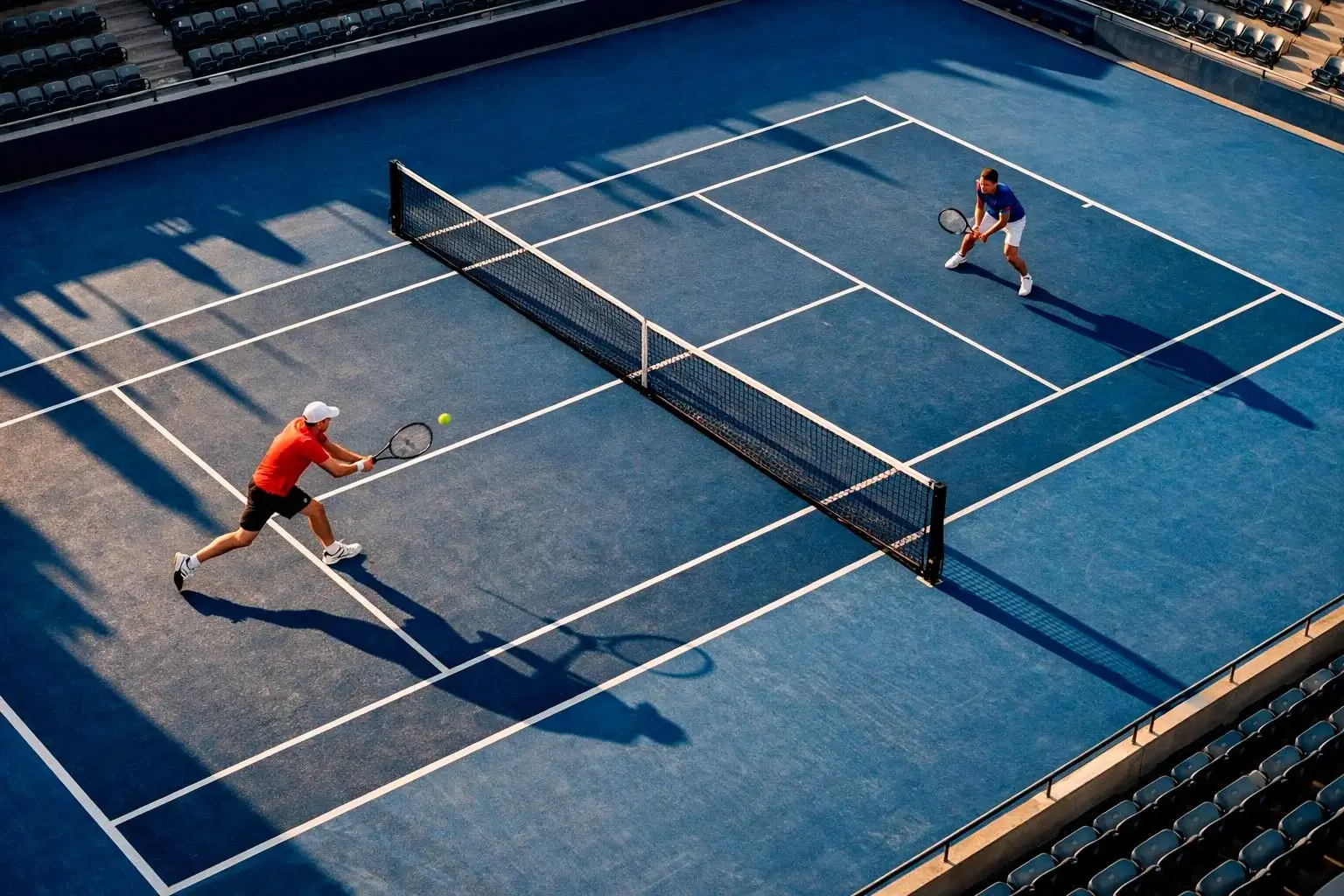 Vogelperspektive auf einen Tennisplatz mit zwei Spielern im Duell während eines Punktes