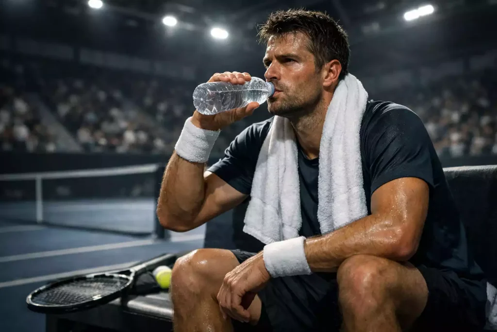 Konzentrierter Tennisspieler bereitet sich auf den zweiten Satz vor