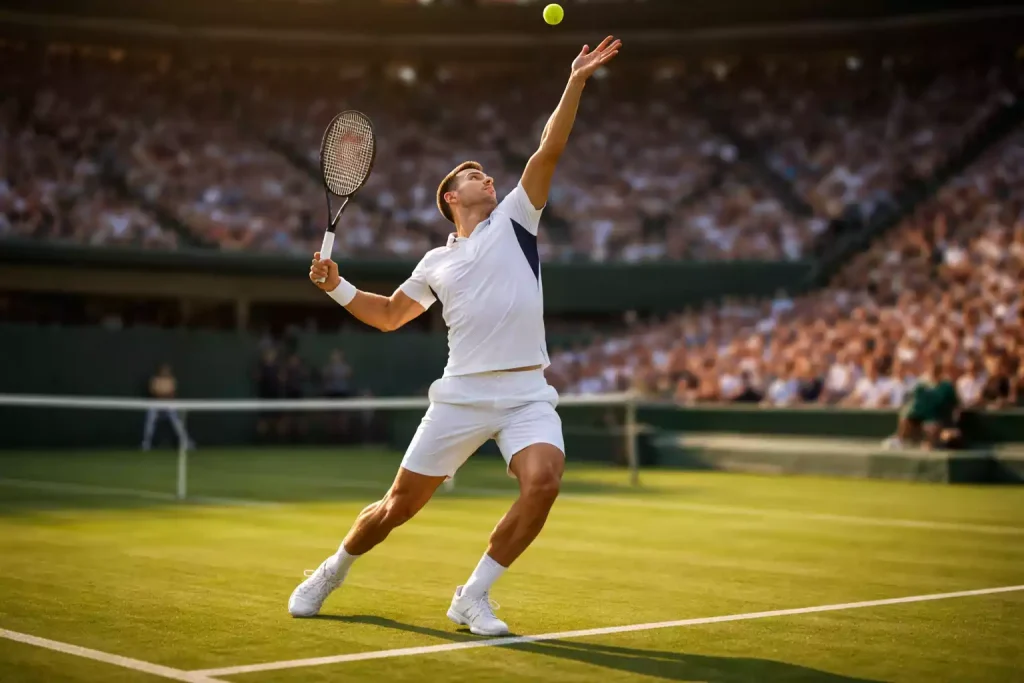 Top-Tennisspieler serviert mit voller Konzentration auf dem Centre Court