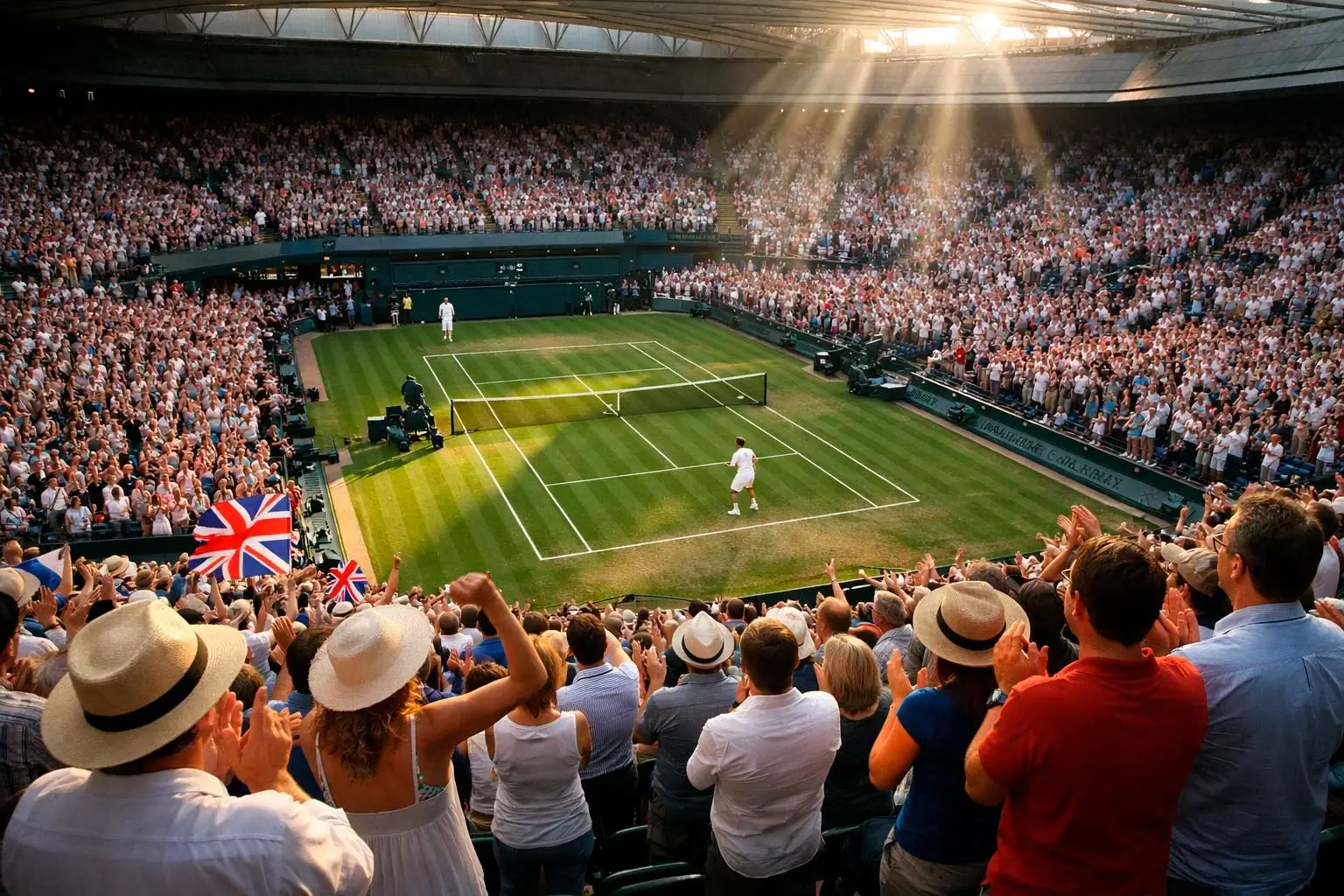 Vollbesetzte Zuschauertribüne bei einem Tennisturnier mit Blick auf den Centre Court