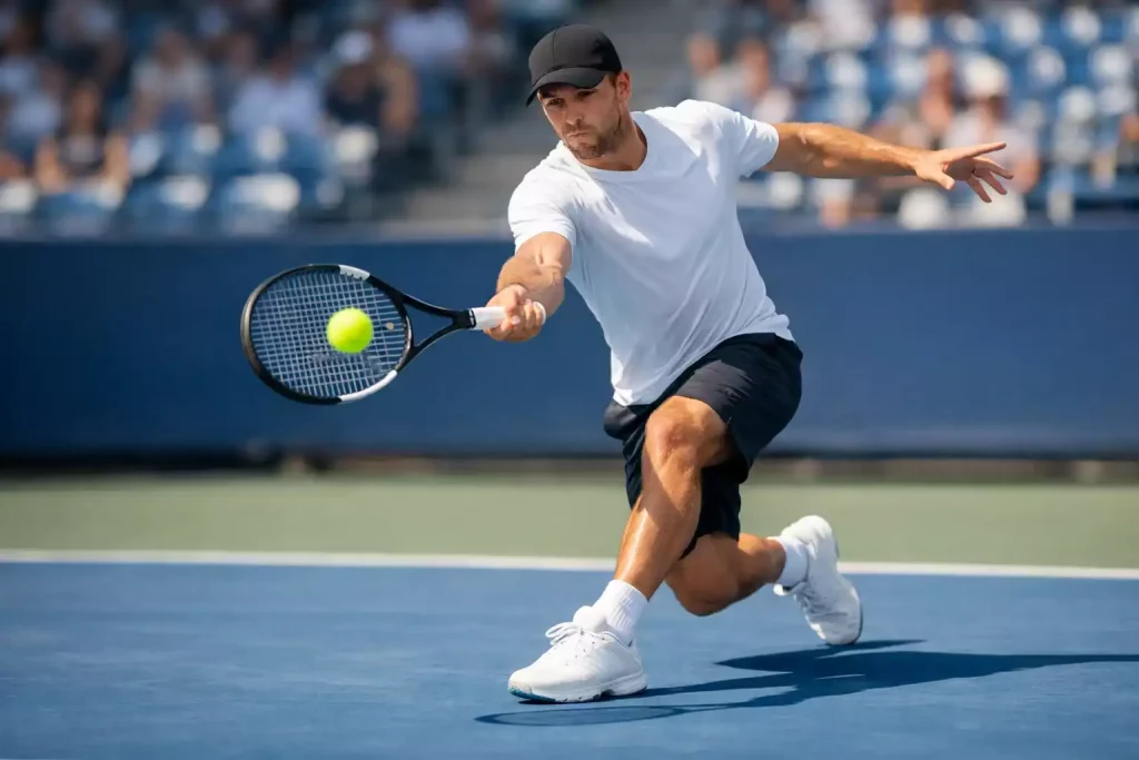 Tennisspieler schlägt den Ball auf einem Hartplatz während eines intensiven Matches