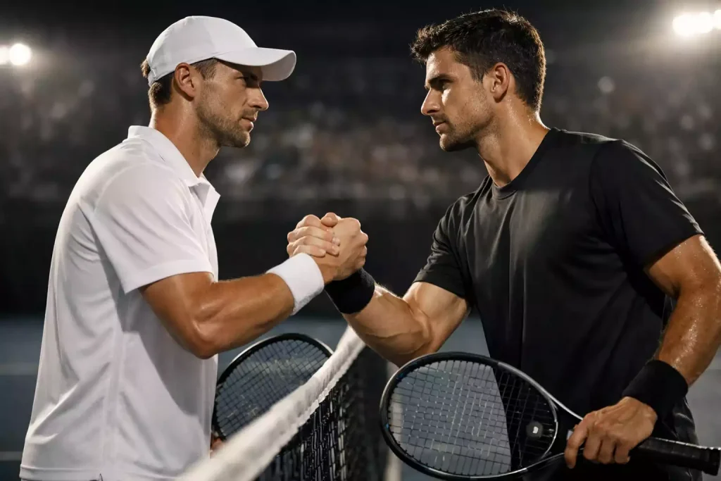 Zwei Tennisspieler treffen sich am Netz vor dem Match