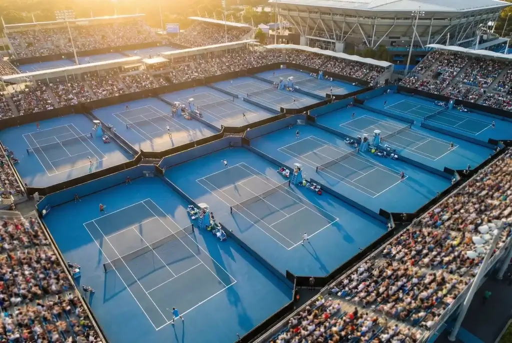 Mehrere Tennismatches gleichzeitig auf verschiedenen Plätzen eines Turniers