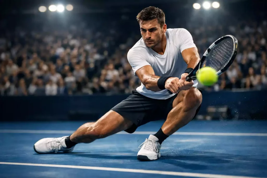 Tennisspieler in Aktion während eines spannenden Live-Matches auf Hartplatz