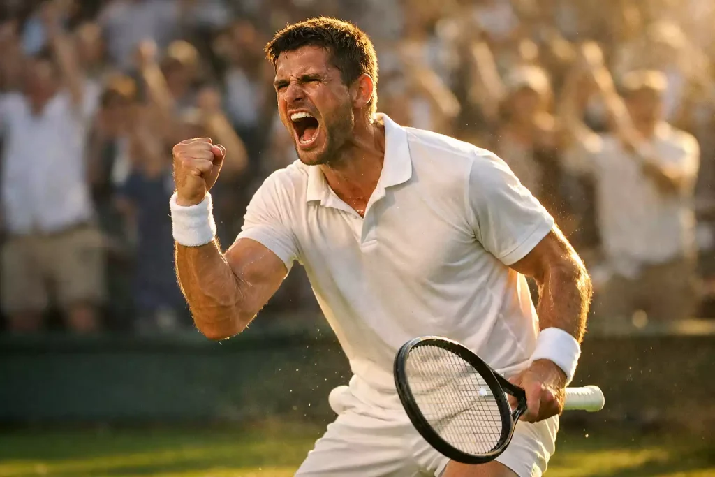 Tennisspieler ballt die Faust nach gewonnenem Punkt auf dem Centre Court