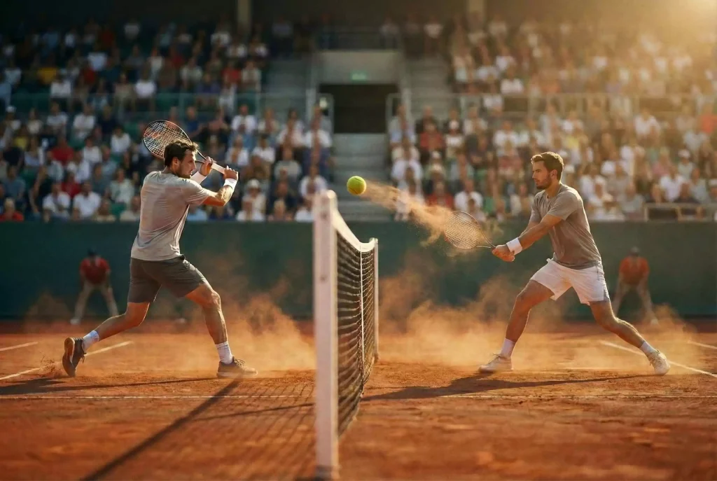 Zwei Tennisspieler am Netz während eines langen Rallyes auf Sandplatz