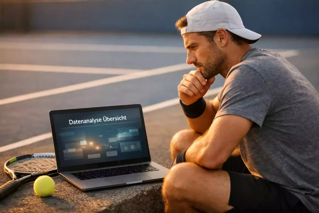 Tennisspieler analysiert Wettquoten auf Laptop am Spielfeldrand