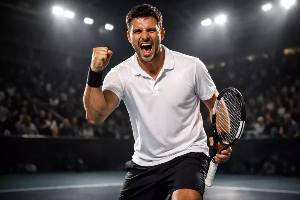 Tennisspieler feiert nach gewonnenem Satz auf dem Centre Court