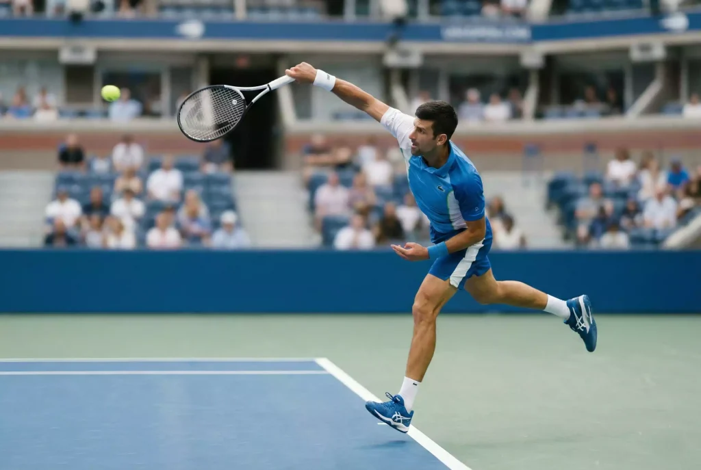 Tennisspieler beim kraftvollen Aufschlag zeigt statistisch messbare Leistung