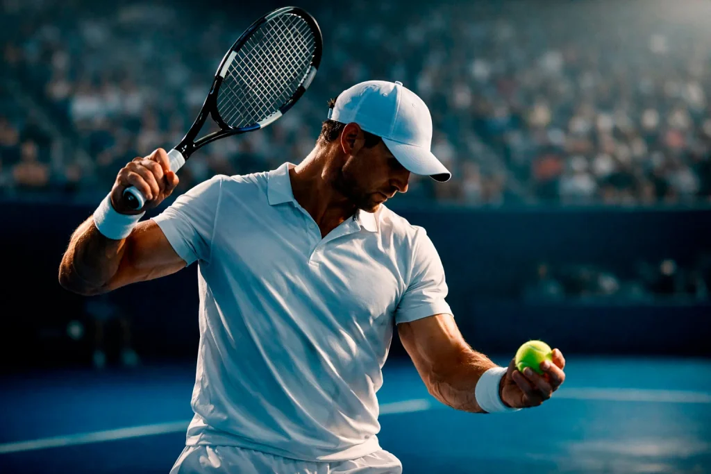 Tennisspieler analysiert taktisch das Spielfeld vor einem wichtigen Match