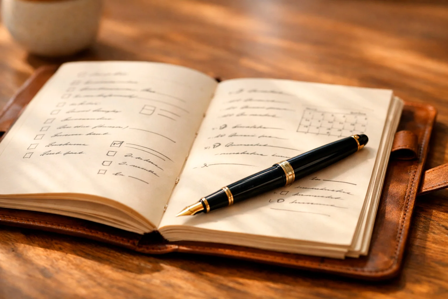 Aufgeschlagenes Notizbuch mit handschriftlichen Notizen und einem Stift auf einem Holztisch