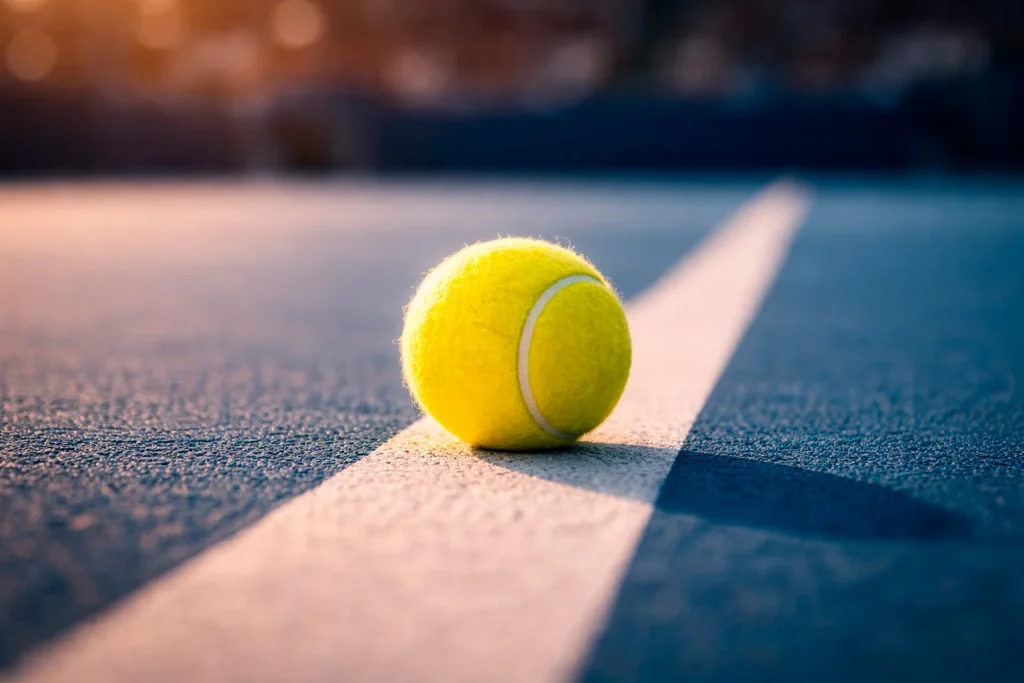 Tennisball auf der Linie eines Hartplatzes in Nahaufnahme