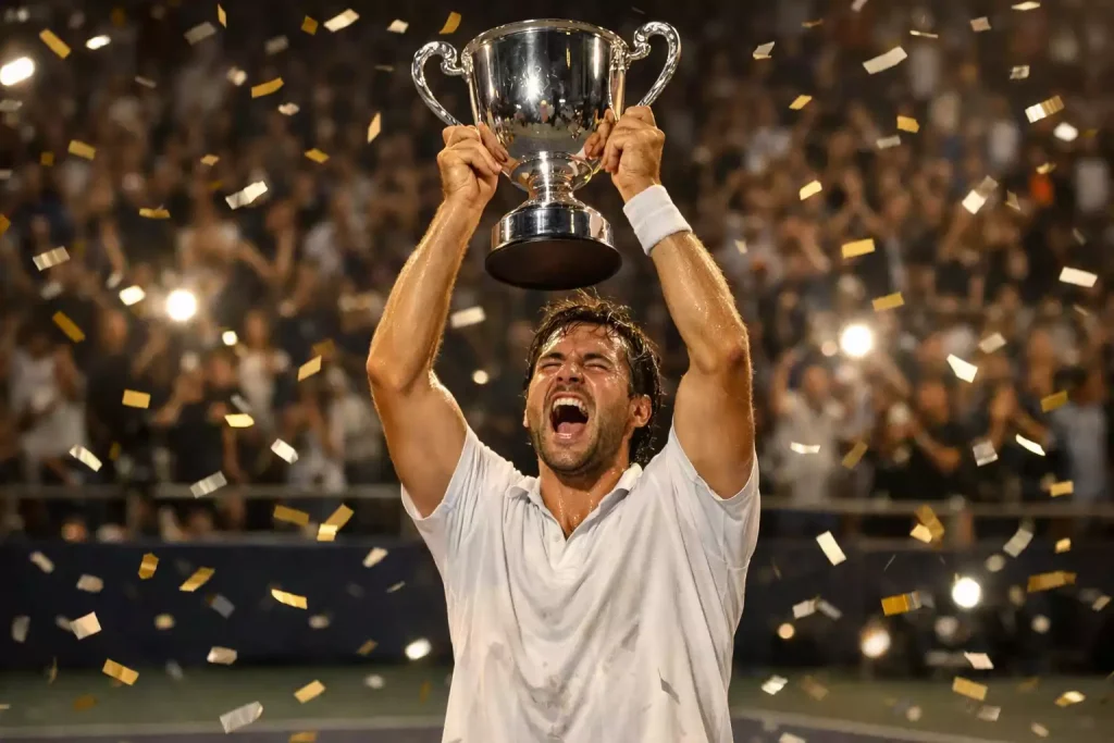 Tennisspieler hebt den Pokal nach dem Turniersieg in die Höhe