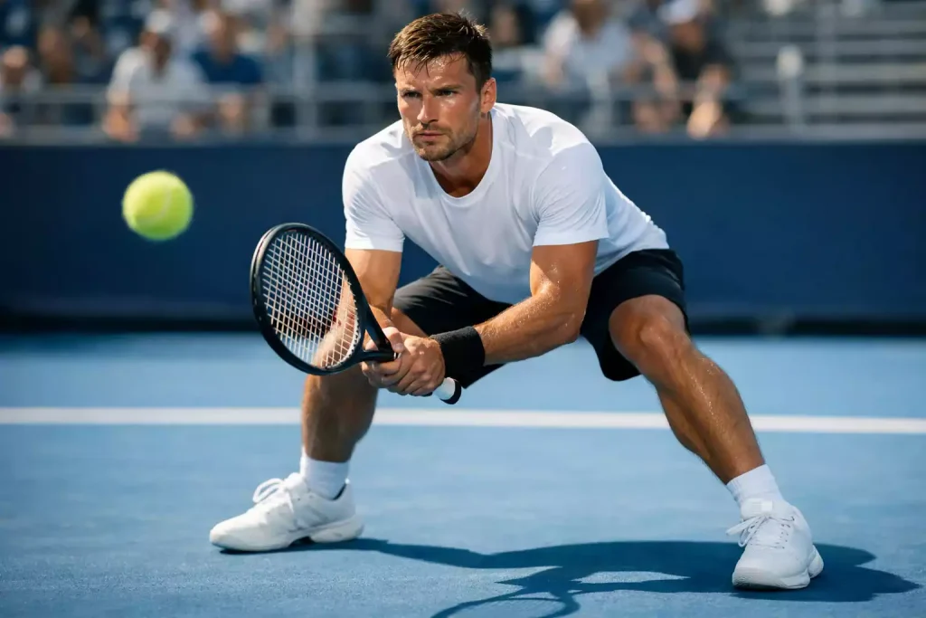 Tennisspieler analysiert seinen nächsten Schlag auf dem Hartplatz
