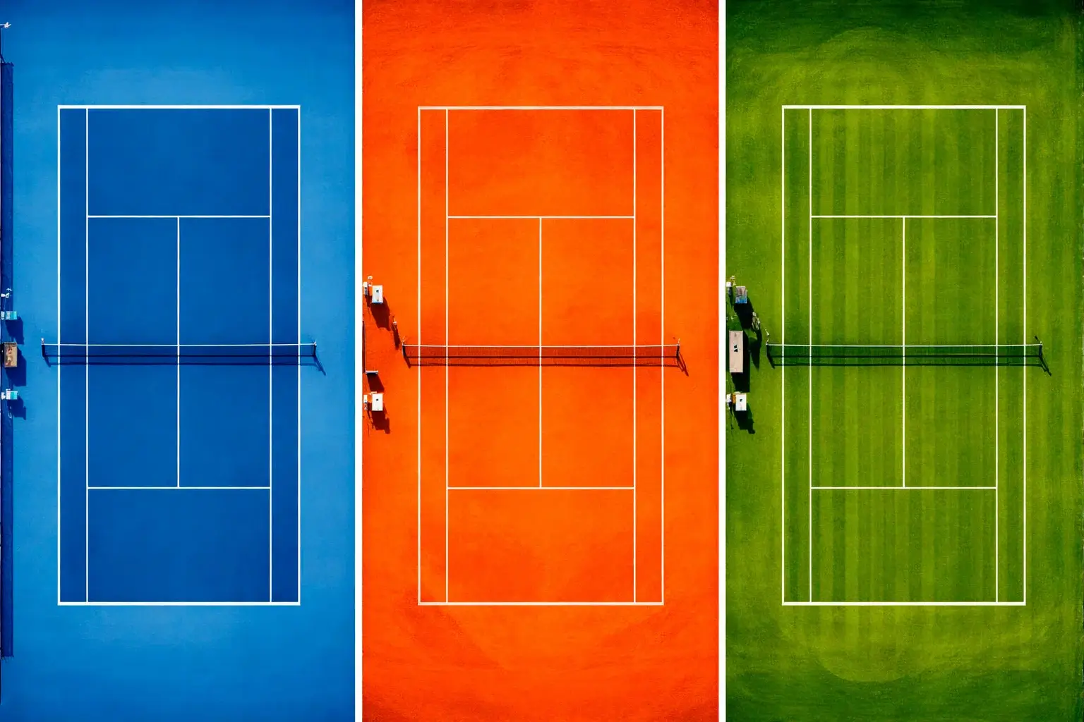 Dreiteilige Darstellung von Tennisplätzen: Hartplatz, Sandplatz und Rasen