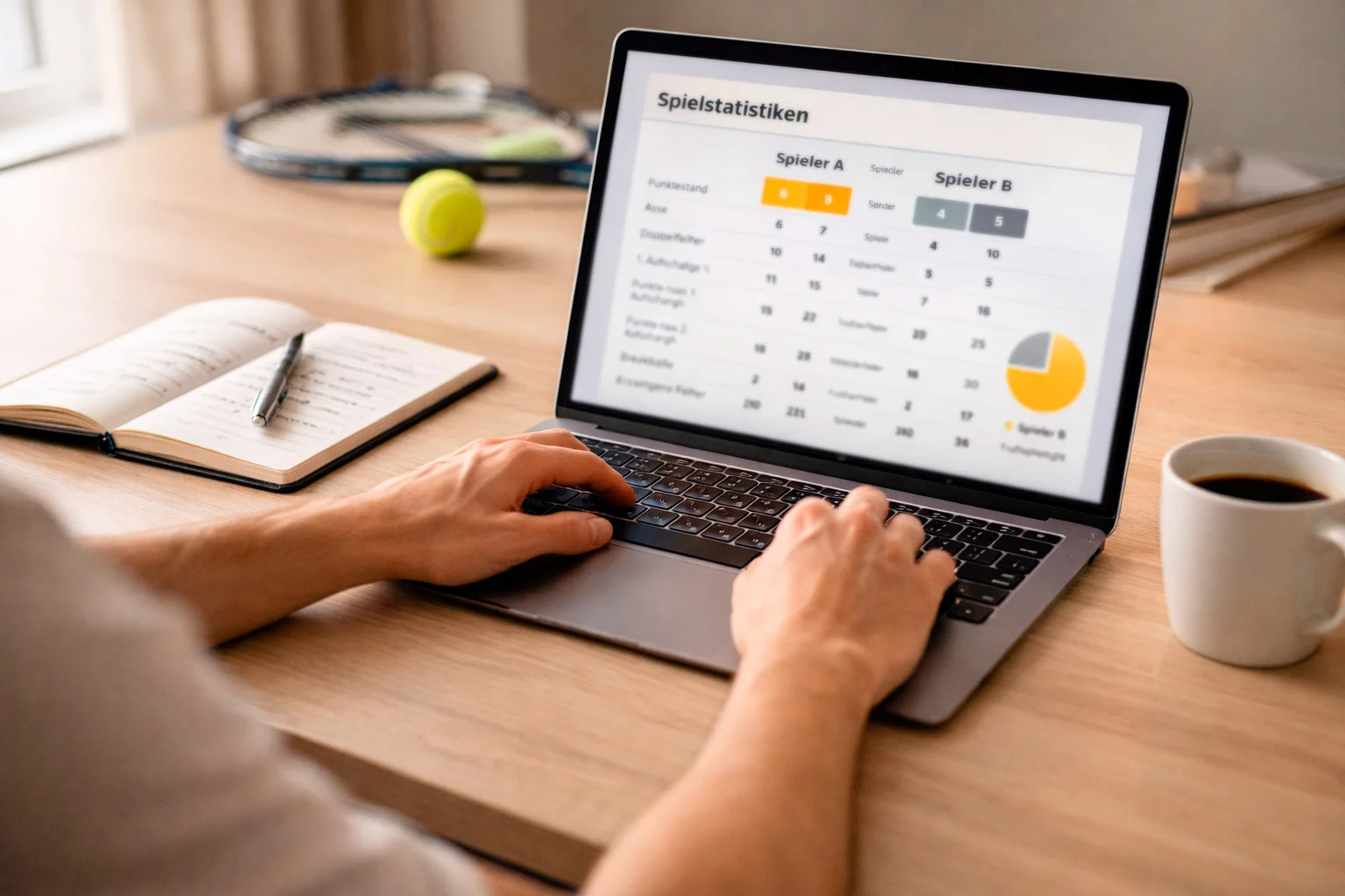 Person studiert Tennisstatistiken auf einem Laptop mit Notizblock daneben