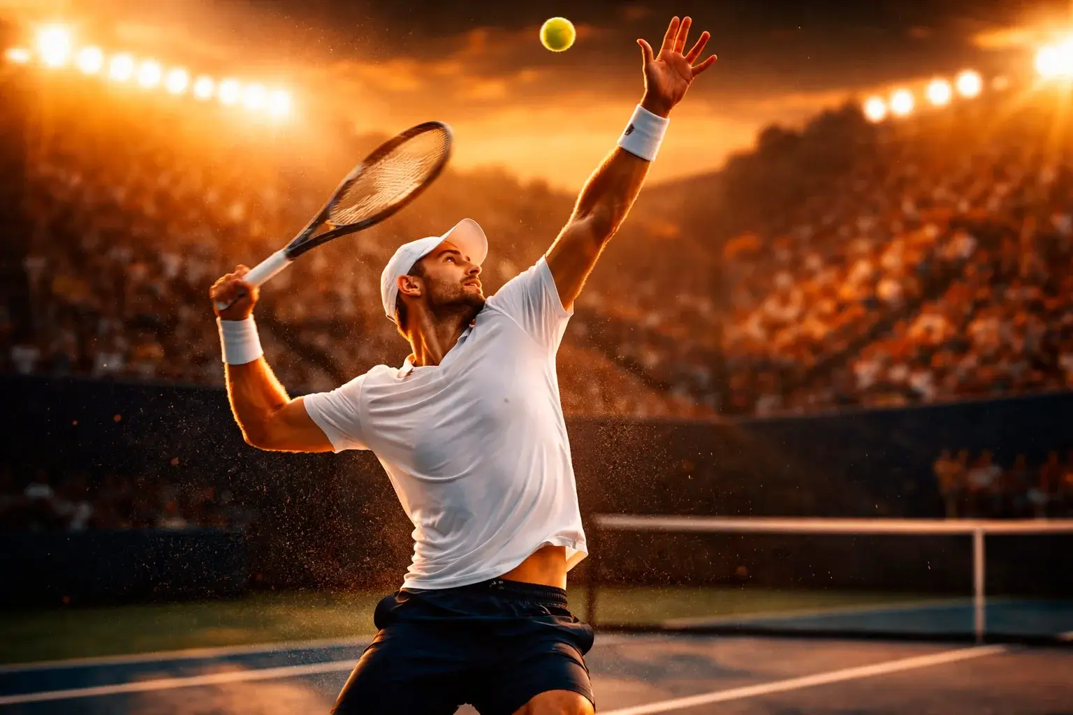 Tennisspieler beim kraftvollen Aufschlag auf einem beleuchteten Hartplatz bei Abenddämmerung