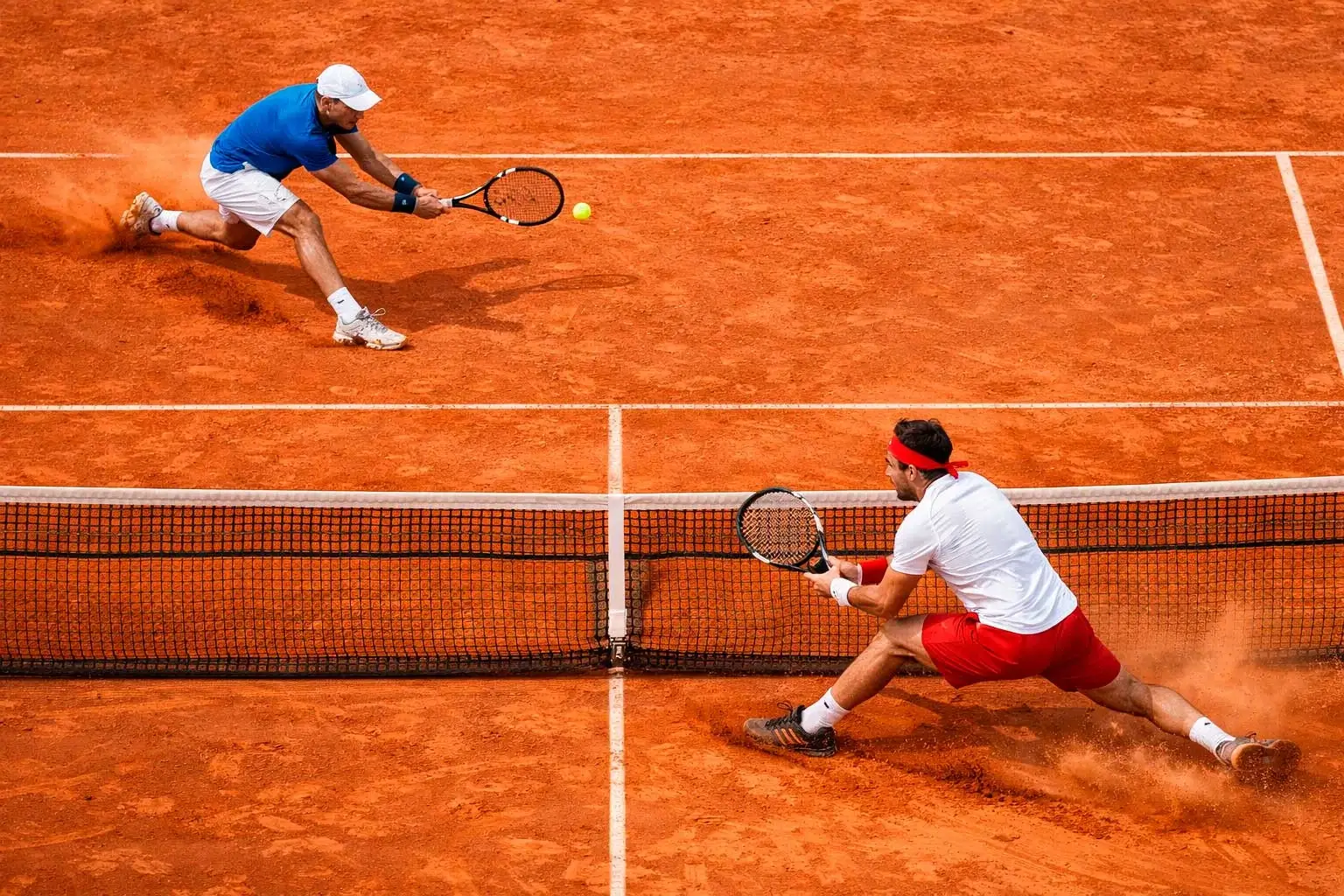 Zwei Tennisspieler beim Ballwechsel auf Sandplatz aus erhöhter Perspektive