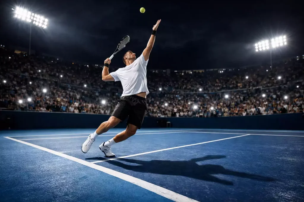 Tennismatch unter Flutlicht im Arthur Ashe Stadium bei den US Open