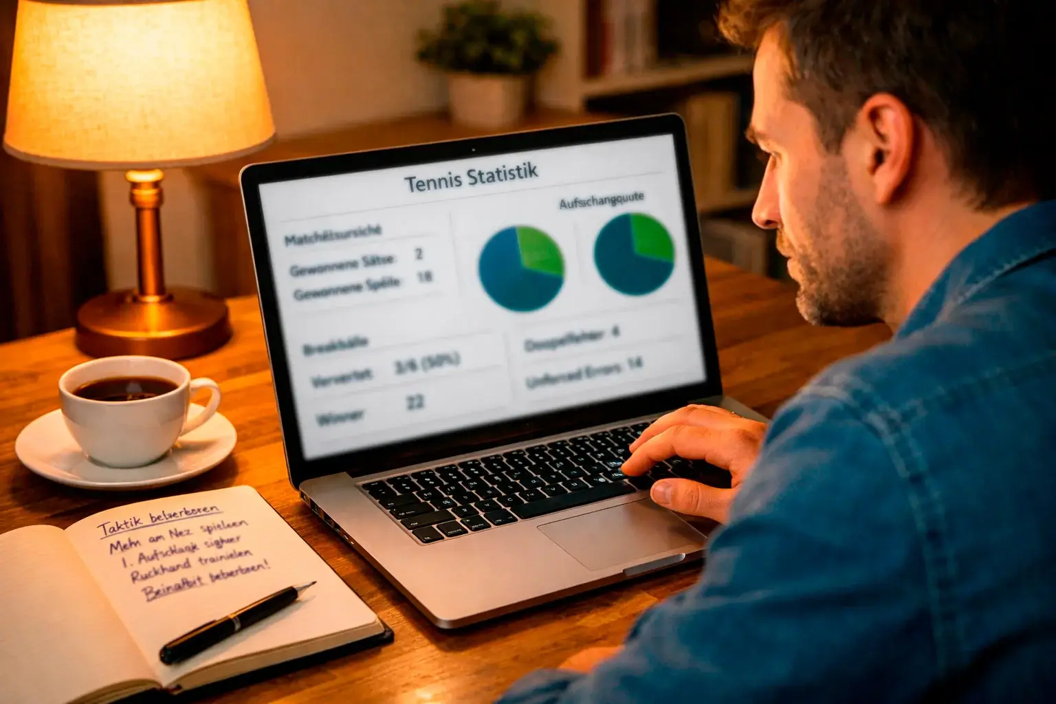 Person analysiert Tennisstatistiken und Quoten am Laptop mit Notizen