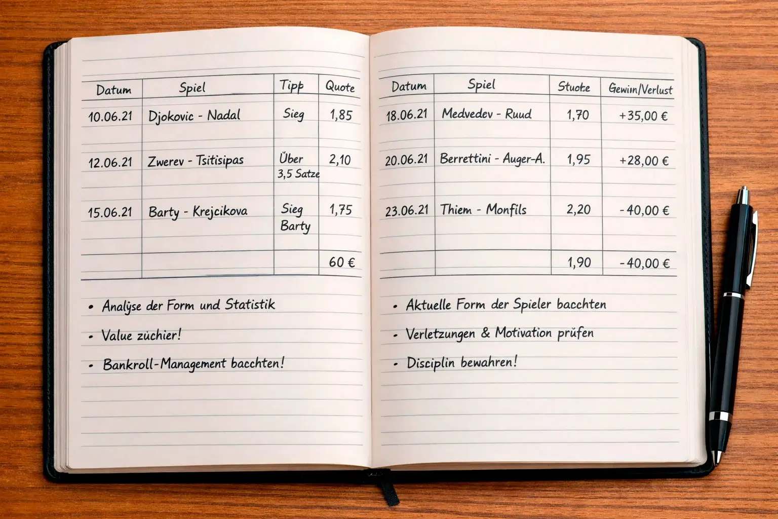 Notizbuch mit handschriftlichen Aufzeichnungen zur Budgetplanung und Wettprotokoll
