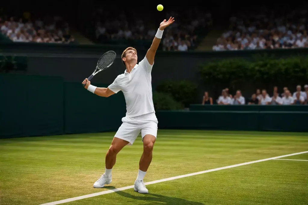 Tennisspieler in weißer Kleidung auf dem grünen Rasen von Wimbledon