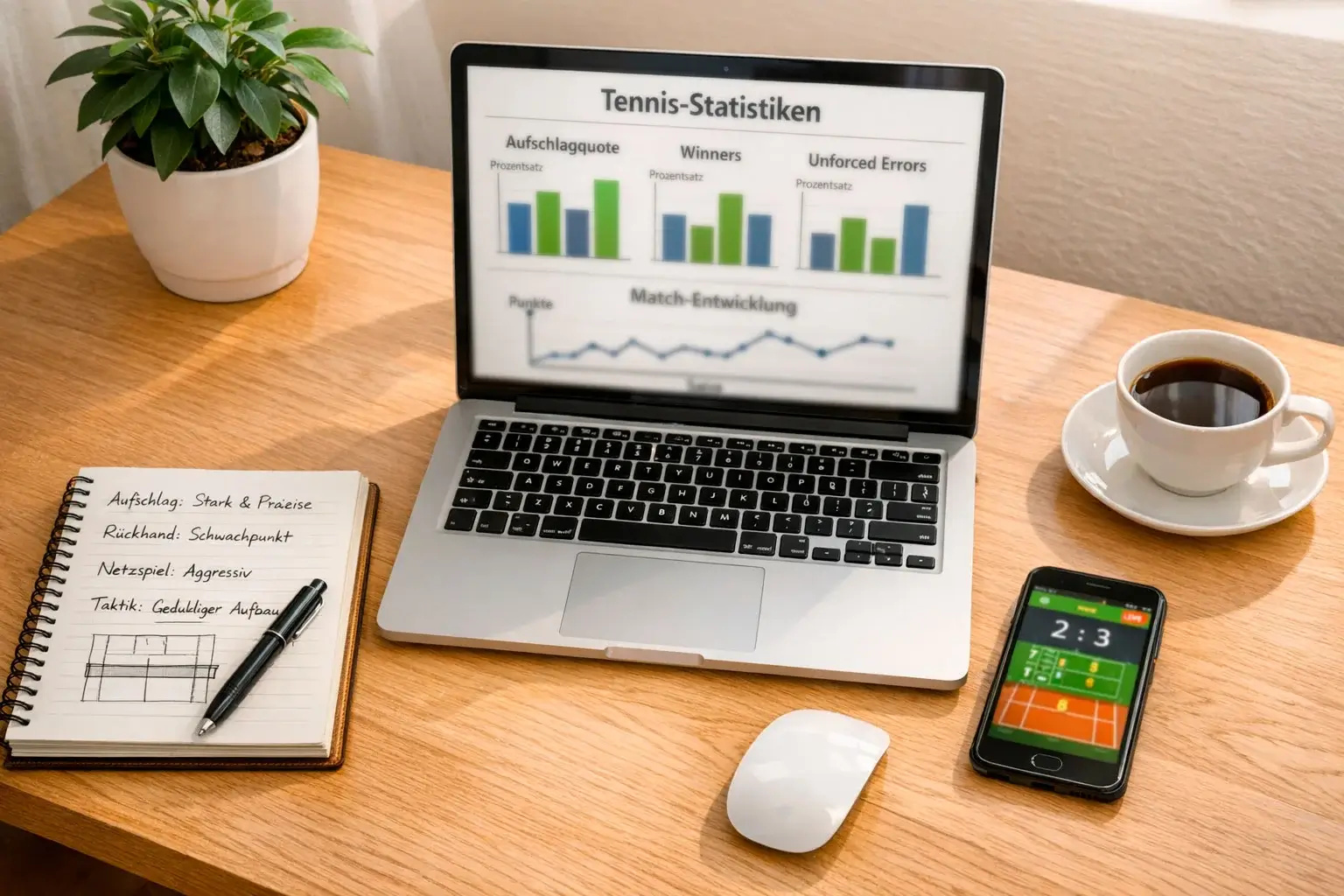 Arbeitsplatz mit Laptop und Notizen zur Tennisanalyse