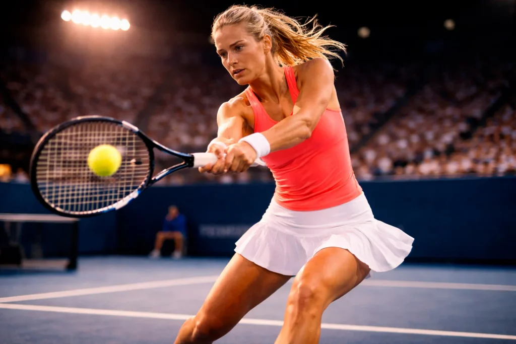 Professionelle Tennisspielerin auf einem Hartplatz bei einem WTA-Turnier