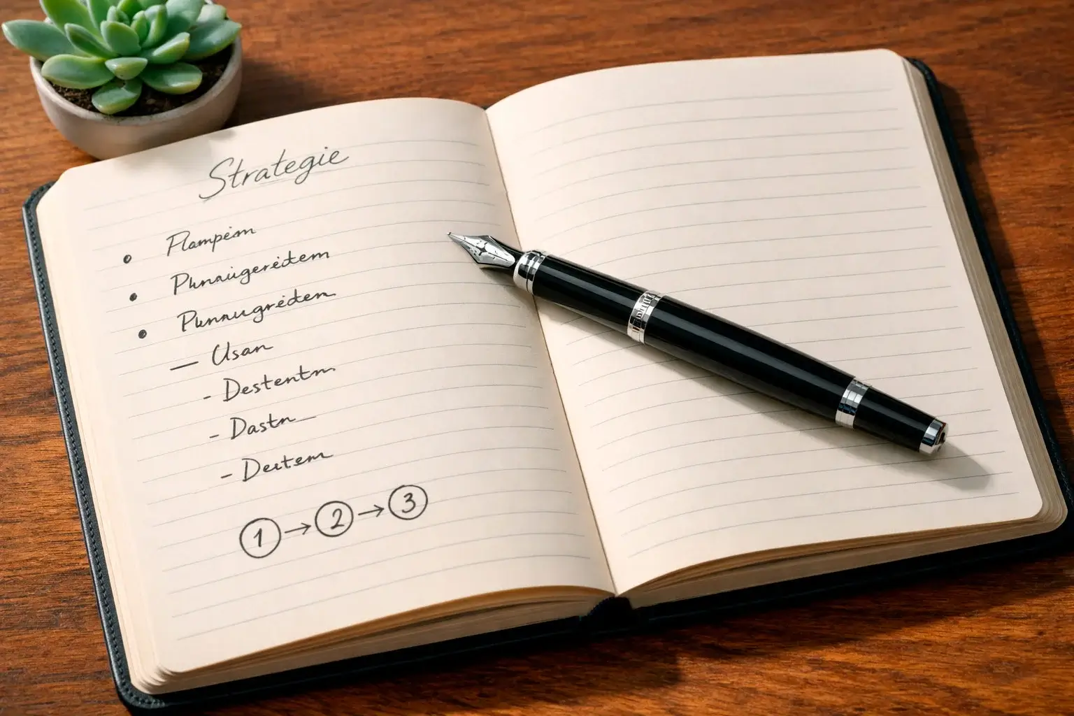 Notizbuch mit Strategienotizen und Stift auf einem Holztisch